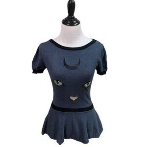 ModCloth X Collectif Women's Knit Sweater Size 2 Peplum Halloween Cat Embroidery